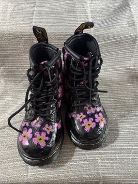 Dr. Martens Black Patent Boots with Pink Floral Print - Never worn